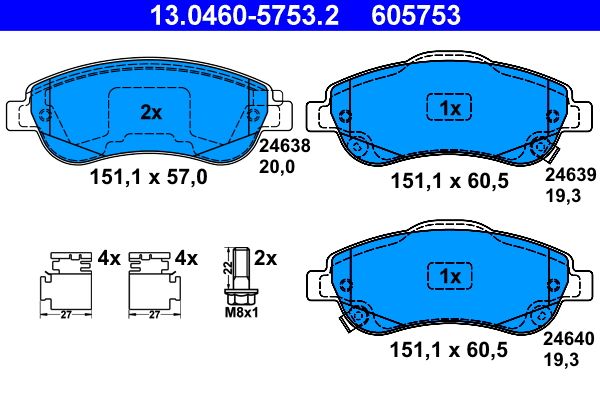 Set of brake linings, disc brake