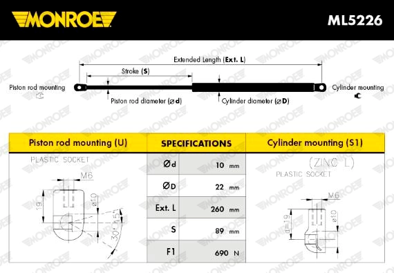 Газова пружина, багажник/кузов MONROE MaxLift