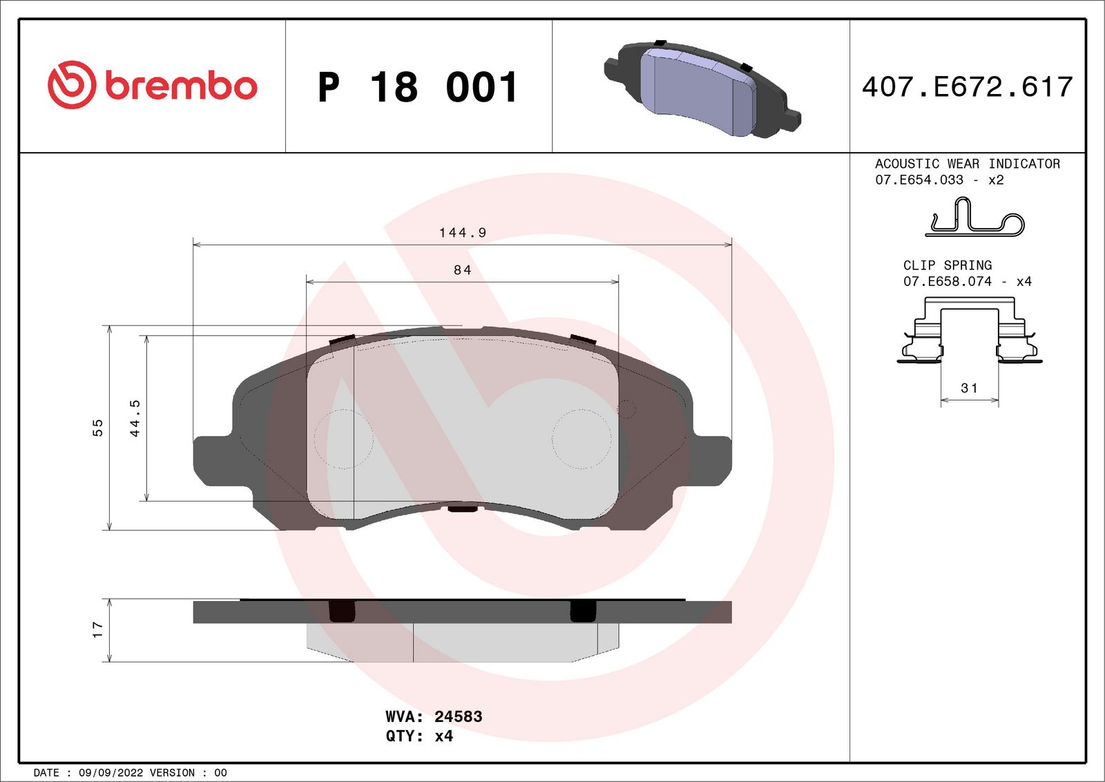 Set of brake linings, disc brake