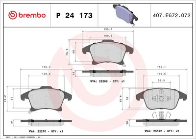 Set of brake linings, disc brake