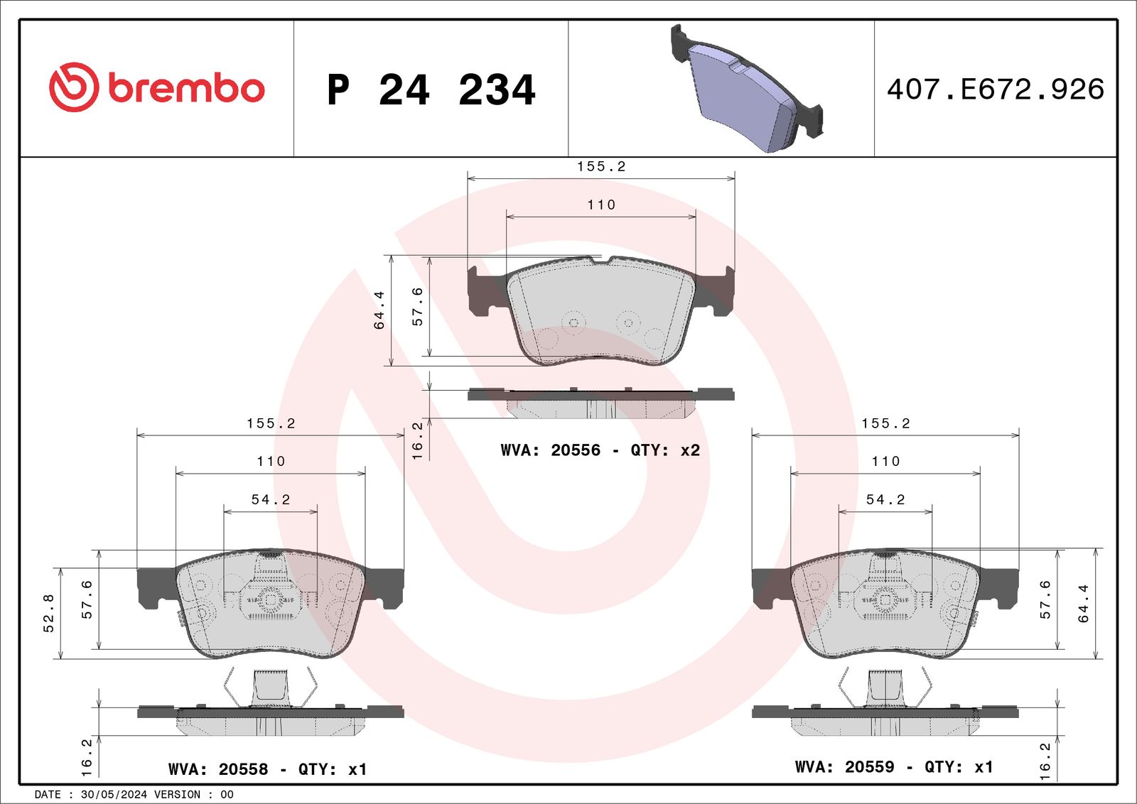 Set of brake linings, disc brake