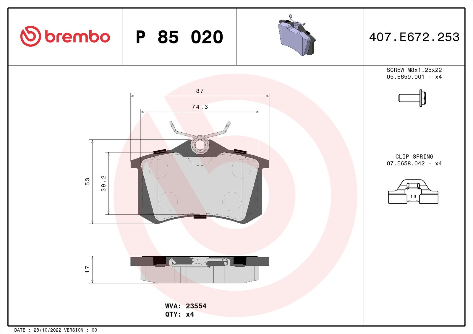 Тормозные колодки задние BREMBO P85020