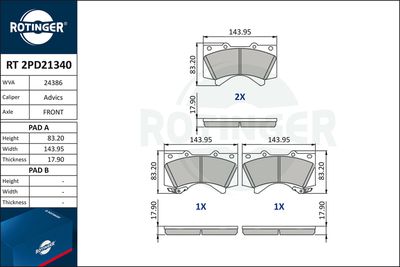 Set of brake linings, disc brake